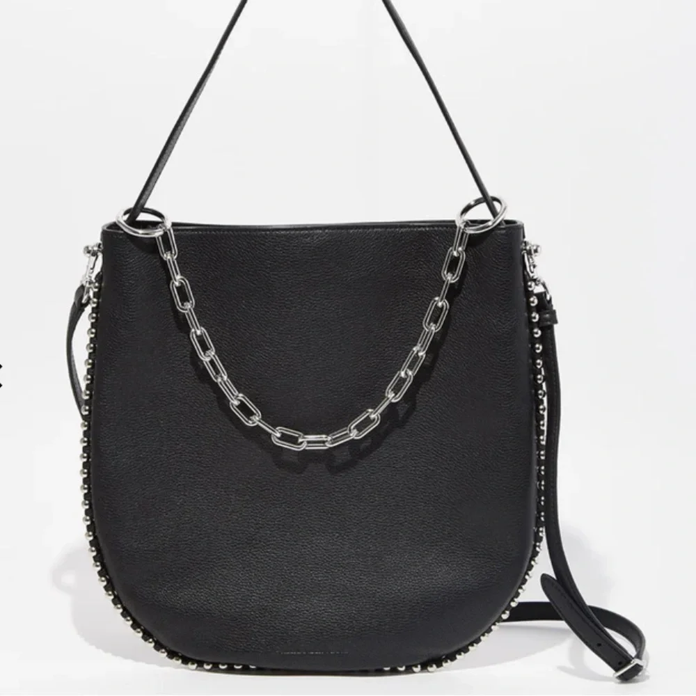 Alexander Wang Roxy Hobo Bag Black Pebbled Leather Silver Studs Crossbody Strap